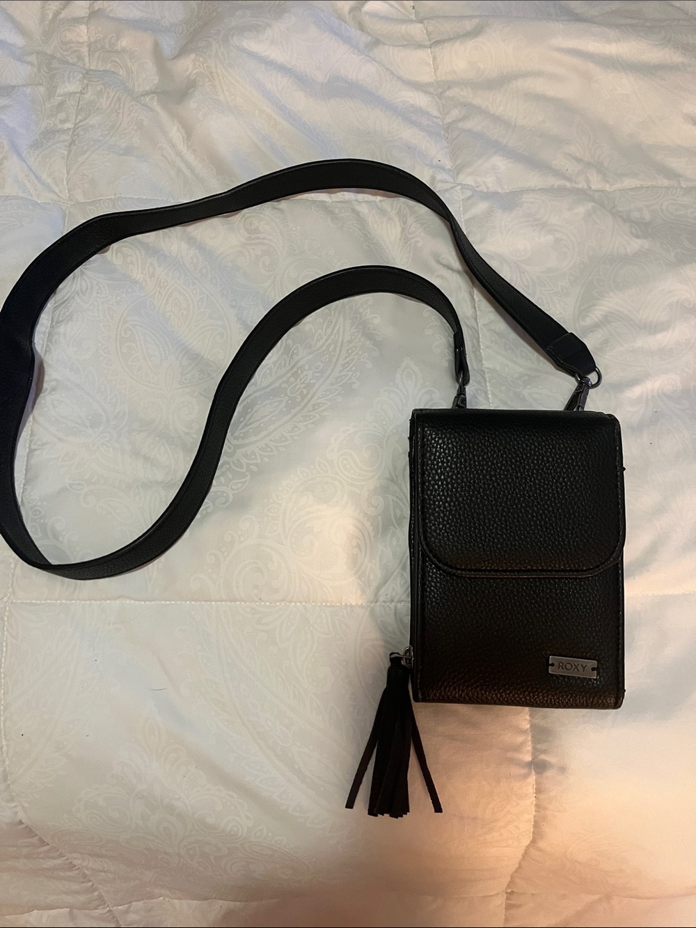 Roxy Black Pebbled Crossbody Phone Pouch with Tassel